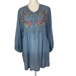 Sundance embroidered sheer 3/4 sleeve popover top size XL
